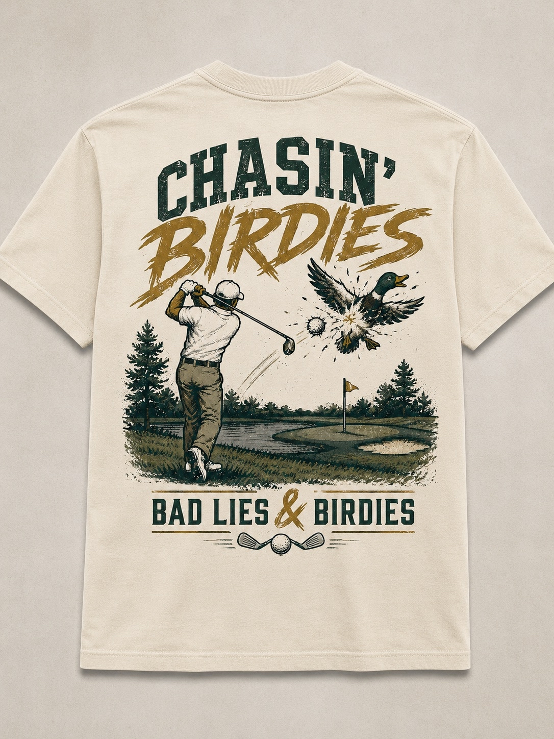 Preview of the cream Chasin' Birdies shirt back graphic